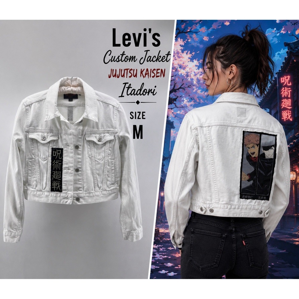 Levi's White Cropped Denim Jacket Sz M Custom Anime Patch Jujutsu Kaisen Itadori